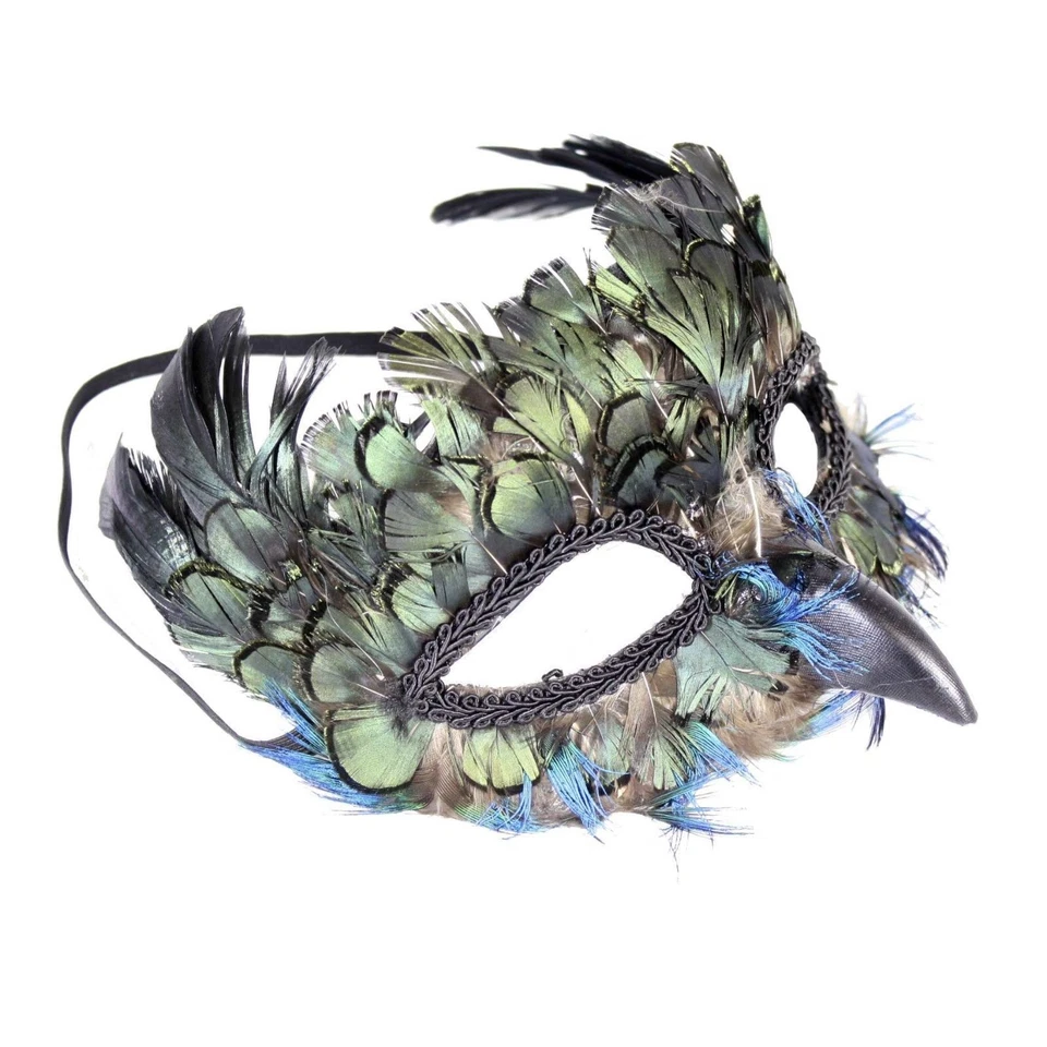 Elegant Peacock Bird Blue Faux Masquerade Halloween Costume Feather Eye Mask - Image 3 of 3