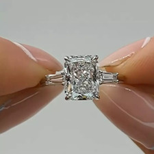 3.70CTW Radiant Cut Moissanite Three-Stone Engagement Ring 14K White Gold Plated