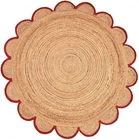 Rug Round Jute Scallop Design Natural Floors Rug Beige RED Black Handmade Carpet