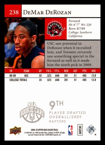 DEMAR DEROZAN 2009-10 Upper Deck Star Rookies #238 Rookie RC Toronto Raptors USC - Imagen 4 de 4