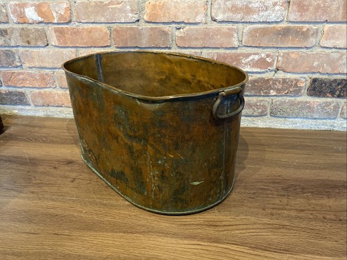 Very Early Antique Primitive Farmhouse Copper Wash Tub Fireplace Kindling Bucket - Picture 2 of 24