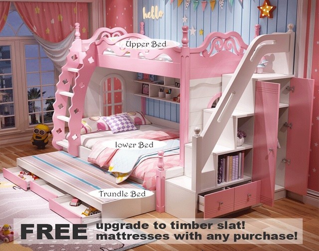 pink bunk bed with desk