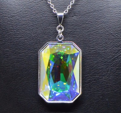 Emerald-Cut Rectangle Crystal Pendant made with Swarovski in AB Aurora Borealis