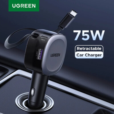 UGREEN 75W Car Charger with Retractable Cable, PD QC 4.0 USB-C for iPhone