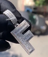 Round & Baguette VVS Moissanite Custom Any One Letter Pendant For Him 925 Silver