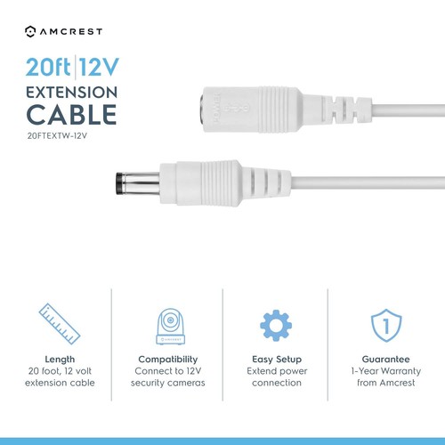 Amcrest White 20ft Power Extension Cable AC 12V Adapter 20 foot ft 20FTEXTW-12V - Picture 2 of 3