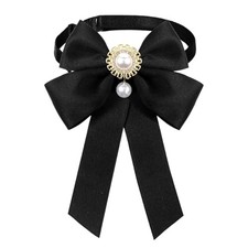 Pearl Black Bow Tie for Women, Pre-Tied Black Bowtie with Pearl, Adjustable