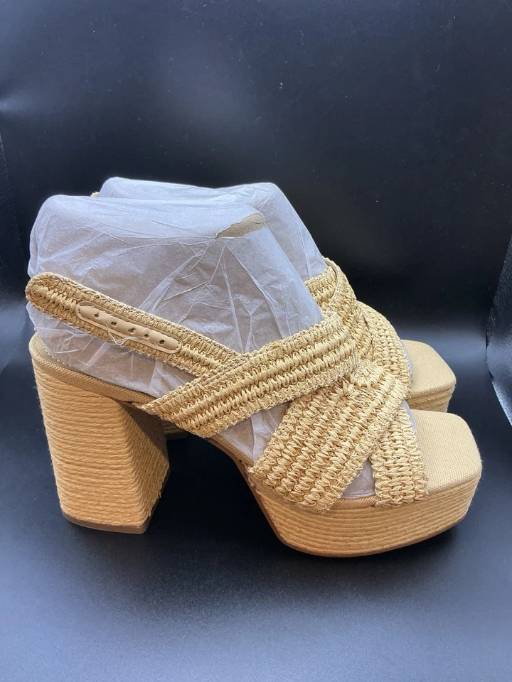 Sandália de Salto Plataforma Marc Fisher LTD Caddy Tecido Natural Leve Tamanho 9 Nova - Imagem 3 de 4