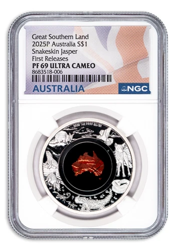 2025 Australia 1 oz Silver Great Southern Land Snakeskin Jasper Coin NGC PF69 FR