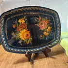 Vintage Rectangular Signed HandPainted Toleware Serving Tray Floral & Gold Leaf