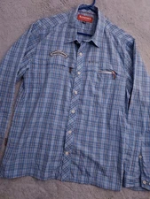 Simms Shirt Mens Medium Nylon Blend Blue Plaid Roll Tab Sierra Nevada Fishing M
