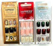 Impress Glitter Red Green Pink Holiday Press On Manicure Nails 3 Sets No Glue