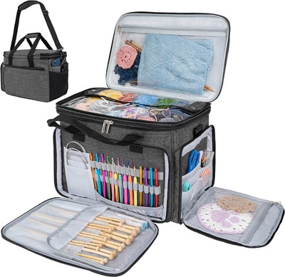 PAVILIA Knitting Bag Yarn Storage Tote, Large Crochet Organizer Charcoal Grey 