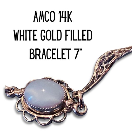 Vintage AMCO 14K White Gold Filled Filigree Bracelet with Blue Glass Cabochons - Picture 5 of 7