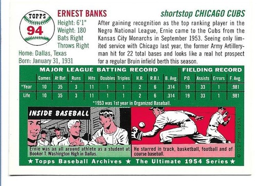 Ernie Banks 1994 Topps Archives 1954 Series #94 - Chicago Cubs - Picture 2 of 2