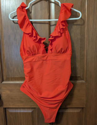 Cupshe Red-Orange Ruffle Plunge One-Piece Swimsuit Open Back Tie Lined M