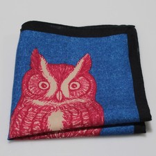 Roda NWOT Pocket Square In Blue with Red  Cream Owl Print and Black Border