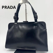 PRADA Calf Leather Handbag Black Antique Style Classic Purse Authentic