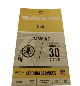 Washington Redskins @ Baltimore Ravens 2018 Stadium Services Pass Ticket RV Tech