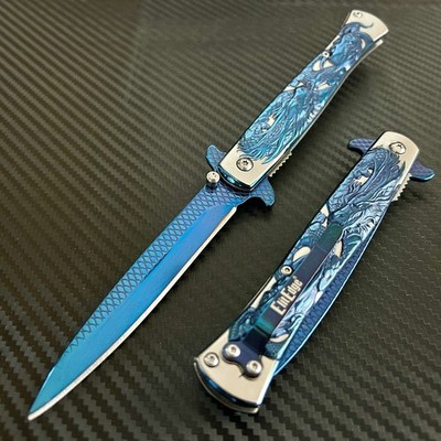 9  Blue Dragon Engraved Cute Spring Assisted Open Blade Folding Pocket Knife