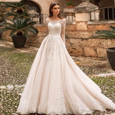 A-Line Women's Wedding Dresses Lace Appliques Bride Gowns Long Sleeve Princess
