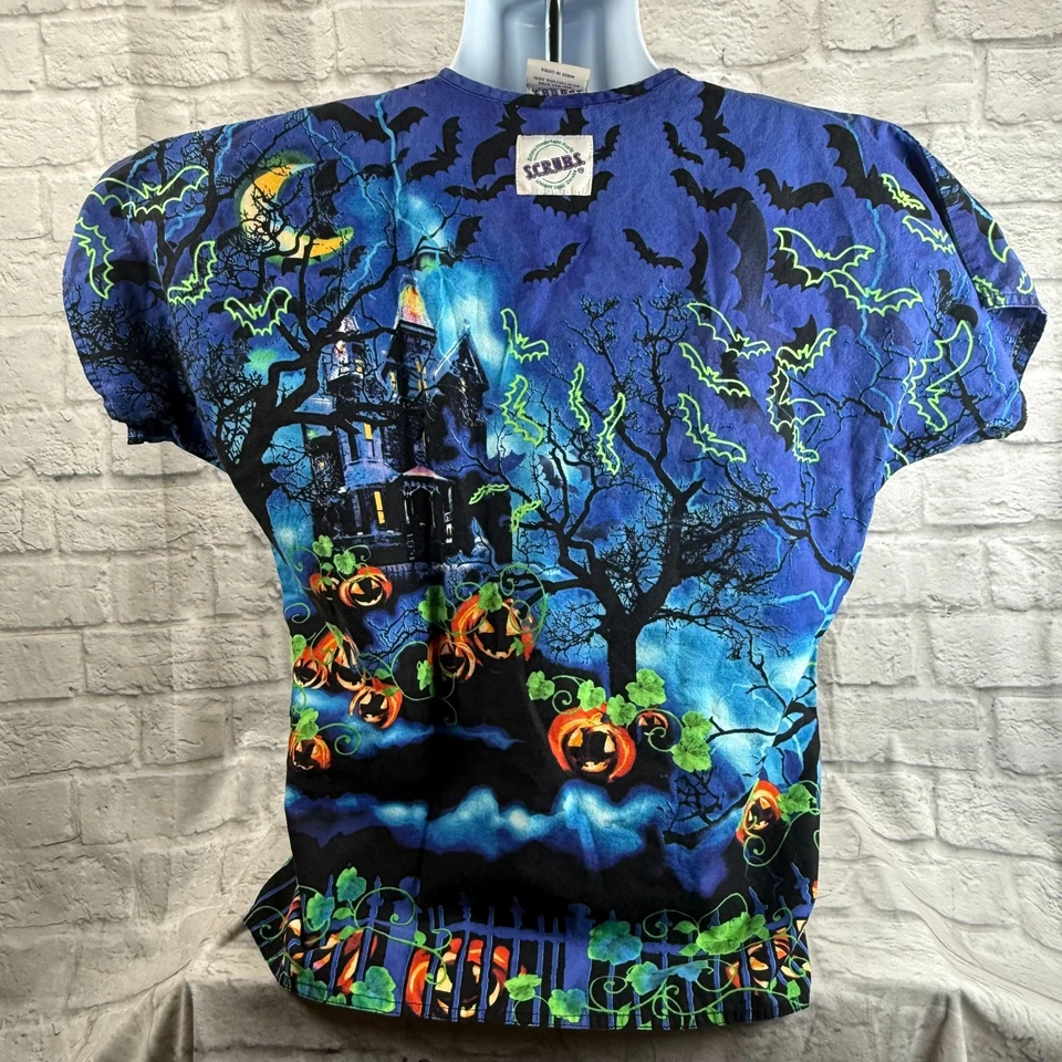 Scrubs Halloween Haunted Mansion Small Jack-O-Lanterns Bats Smart Scrubs House - Image 3 of 4