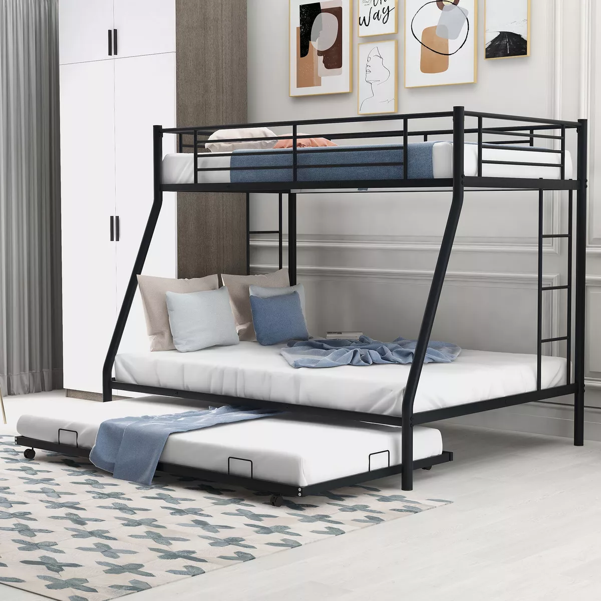 Metal Bunk Bed with Trundle Twin Over Full Bed Frame for Kids