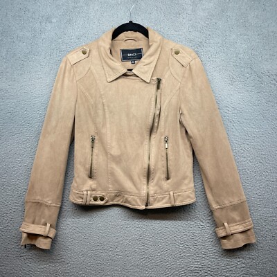 BNCI Blanc Noir Womens Biker Jacket Brown Moto Suede Collared Pocket Size M