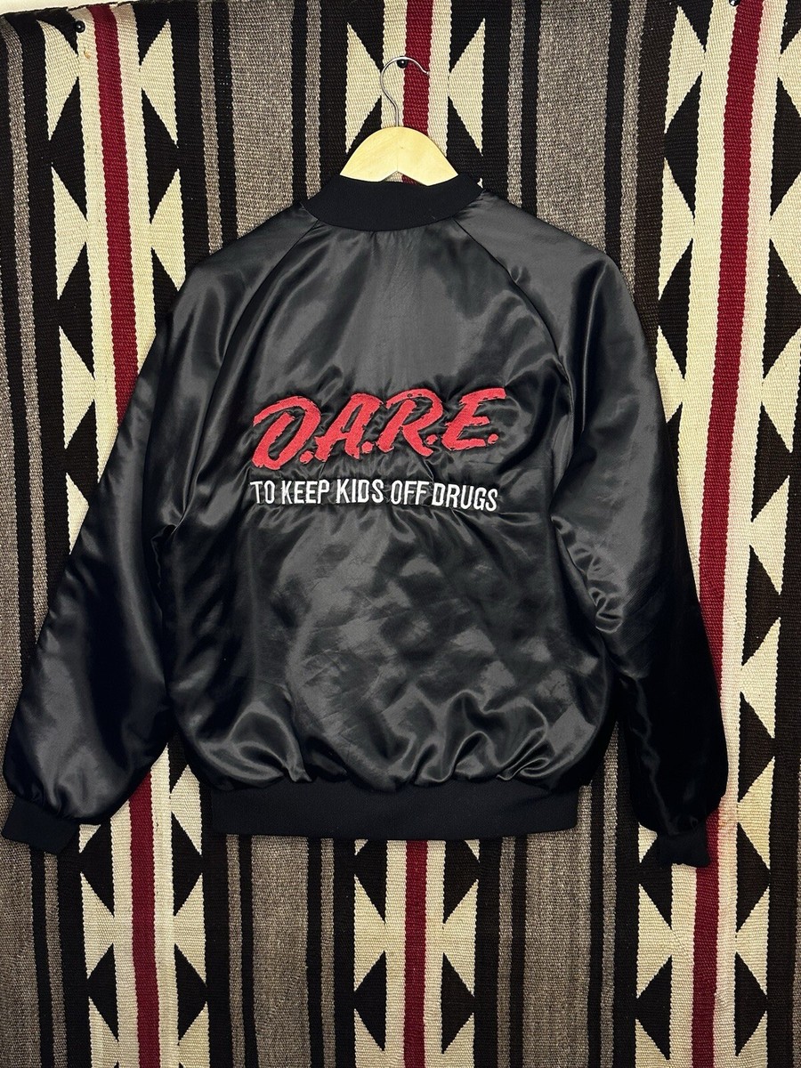 VTG 90s DARE satin Jacket Sz M Embroidered Black Long Sleeve