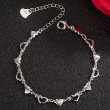 Genuine 925 Sterling Silver Heart Chain Bracelet 5mm 7.9" for Women Girls Teens