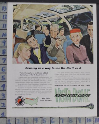 1954 NORTHERN PACIFIC RAILROAD VISTA DOME PULLMAN TRAIN VINTAGE ART AD  CT86