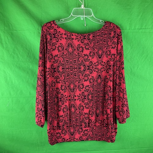 Travelers by Chico's Top Red Black Damask Print 3/4 Sleeve Wrinkle Free Slinky M - Picture 6 of 8
