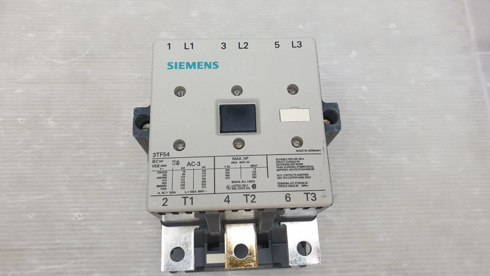 Siemens 3TF54 contactor nameplate with AC-3 kW and HP ratings, L1-L3 and T1-T3