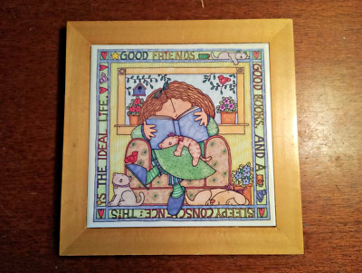 Ceramic Trivet Tile in Wooden Frame ''Good Friends'' Book Reading ~ Cats ~ Dogs