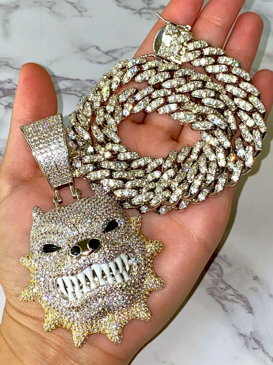 Angry Pitbull Bulldog Pendant – Iced Silver Charm – 12mm Miami Cuban Chain – Hip Hop Style