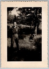 Vtg B&W Snapshot Smiling Young Man With Badge in Work Shirt Outdoors 1947