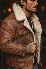 Men’s B3 Bomber Jacket Shearling Aviator Brown Distressed Leather Winter Coat