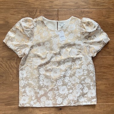 NWT J.Crew Factory Jacquard Puff-Sleeve Top Size S Ivory/Gold Floral