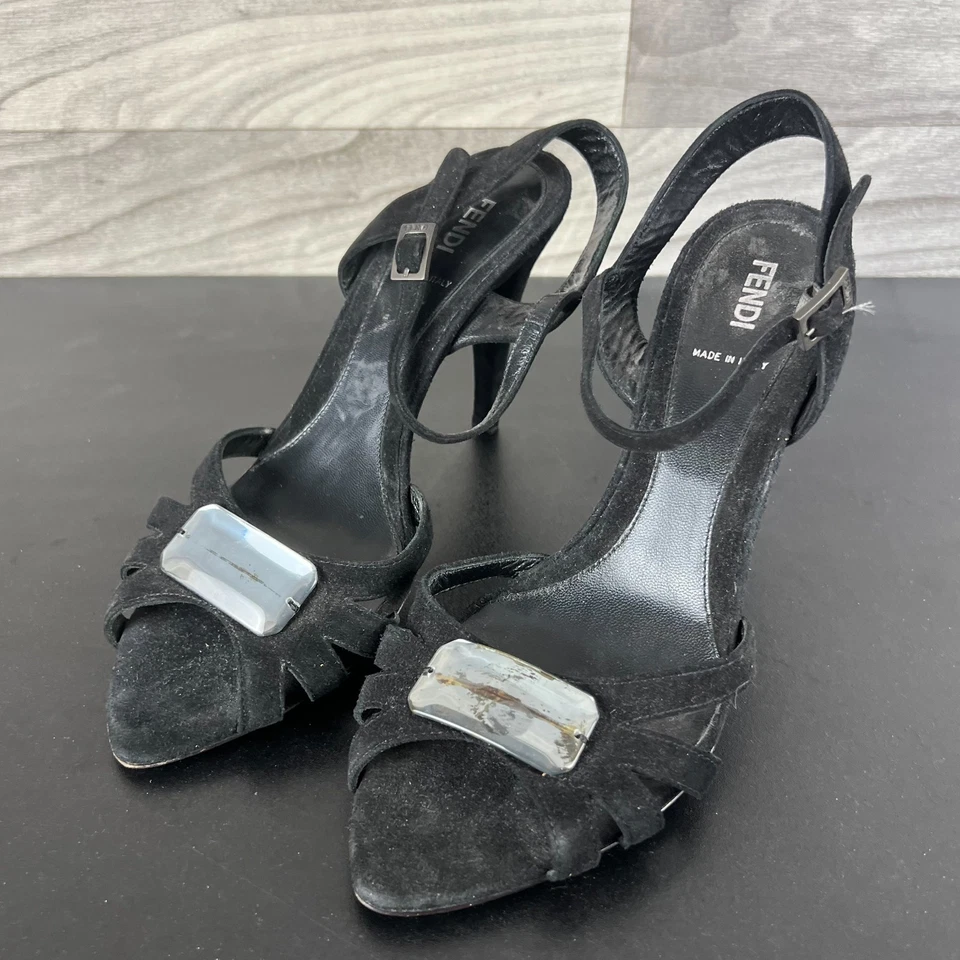 Fendi Strappy Heels Women's 8 Black Suede Adjustable Straps Sandals Y2K Preppy - Image 3 of 4