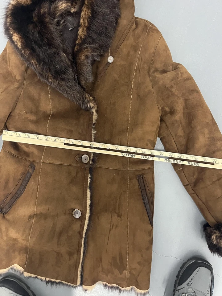 Ike & Jack Coat Womens XL Brown Shearling Suede Hooded Fur Trim Sheepskin - Image 4 of 4