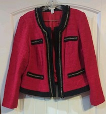 CHICOS textured open jacket Blazer fringe gold chain Chicos Size 2 10-12 