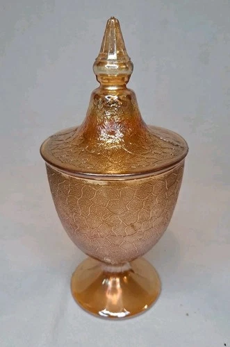 Vintage Jeanette Carnival Crackle Glass Marigold Footed Candy Trinket Dish