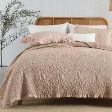 NEW Anthro Dusty Pink Boho Ruffle Crinkle Queen / King Bedding Quilt Sham Set
