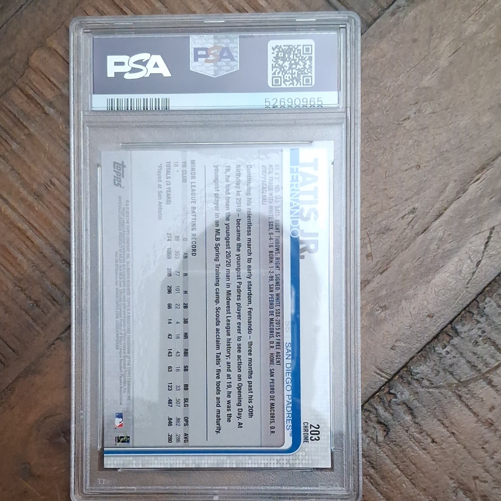 2019 Topps Chrome Fernando Tatis Jr. #203 Rookie PSA 9 San Diego Padres view 2