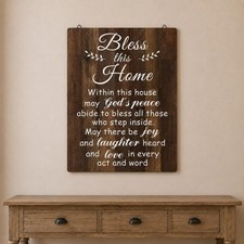 Bless This Home Wood Sign Christian Wall Decor, 13.8 x 11 Inches, Brown