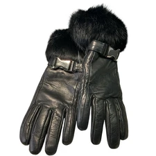 Preston & York Genuine Leather Black Rabbit Fur Cuff Gloves Women's M