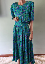 Vintage 80s Kanga Collection by Dale Tyron 100% Silk Floral Dress Large