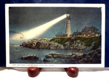 c1915 Portland Maine Postcard, Portland Head Lighthouse at Night - Sailing Ship