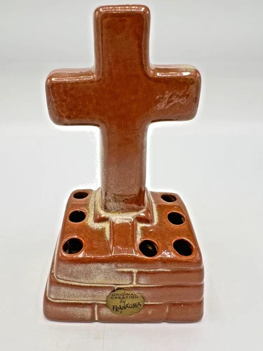 Frankoma Pottery Flower Frog in Cross Shape Dessert Gold Glaze EXCELLENT