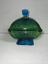 Vintage Jeanette Glass Blue Green Covered Candy Bowl Acorns Indiana Carnival